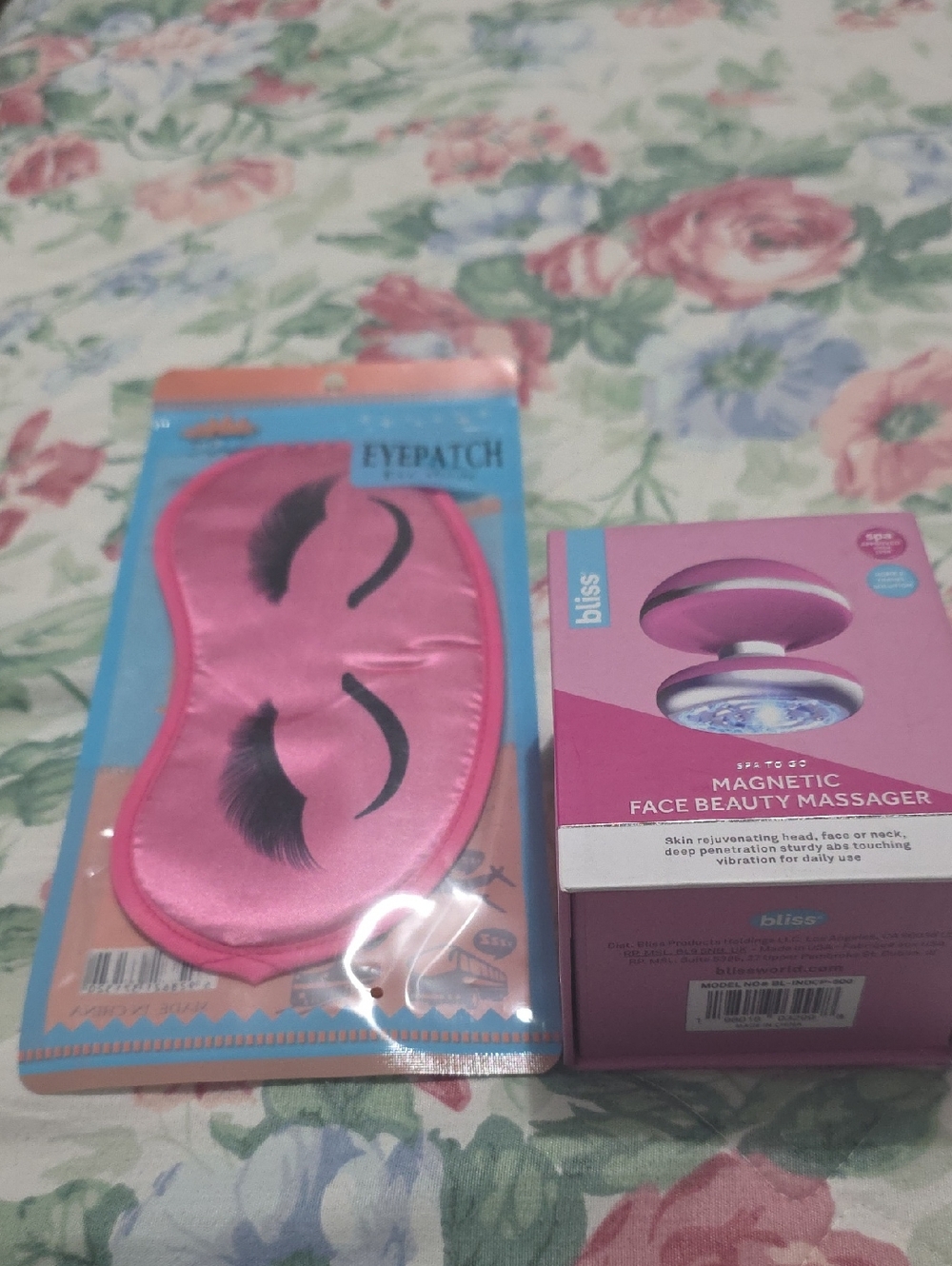 Pink Satin Eyepatch Sleep Mask & Bliss Magnetic Face Beauty Massager Set